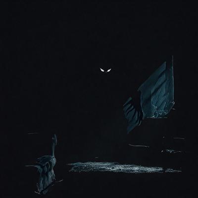 The primary subject of the image is a bird, which is standing in a dark, shadowy environment. The bird appears to be looking up, possibly at a creature with a glowing eye. The setting is a nighttime scene with a black background, giving the image a mysterious and eerie atmosphere. The visual style is a combination of a photo and digital art, creating a surreal and intriguing scene. The colors are predominantly black, with the bird being the only visible object, and the mood is one of